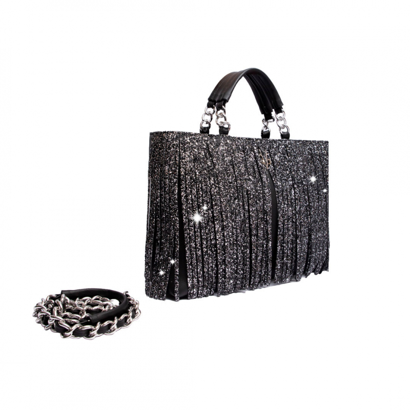 VG10 Borsa nera frange glitter sale e pepe