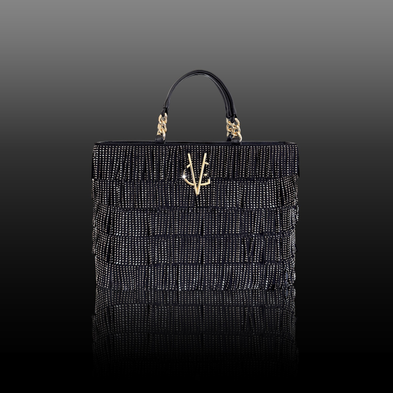 VG STARRY SKY - Borsa a mano grande nera e frange in cristalli