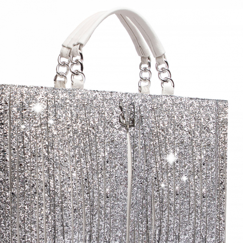 VG10 Borsa bianca frange glitter argento
