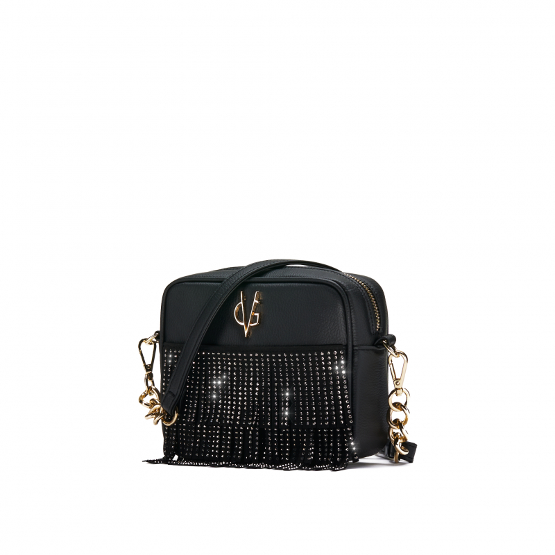 VG CRYSTAL CHARLESTON-mini black shoulder bag and crystal fringes