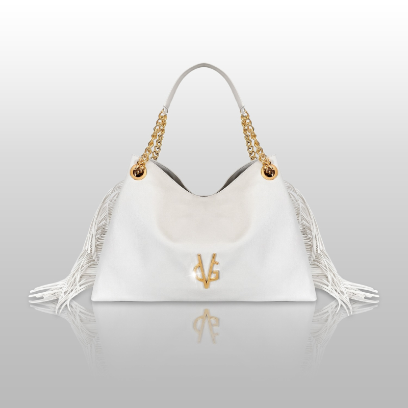 VG Shopper media bianco camelia con frange