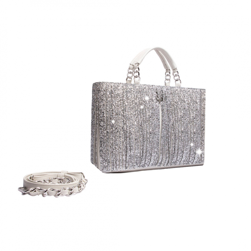 VG10 Borsa bianca frange glitter argento