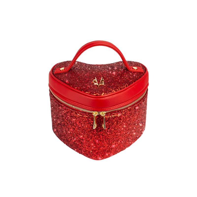 VG Heart-shaped red glitter beauty case with mirror