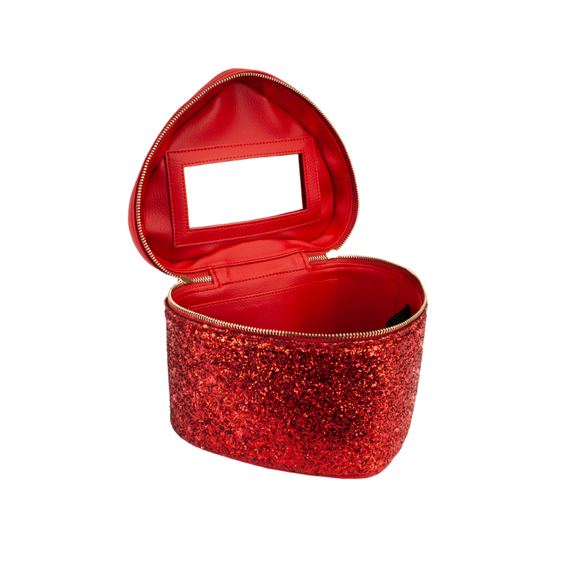 VG Heart-shaped red glitter beauty case with mirror