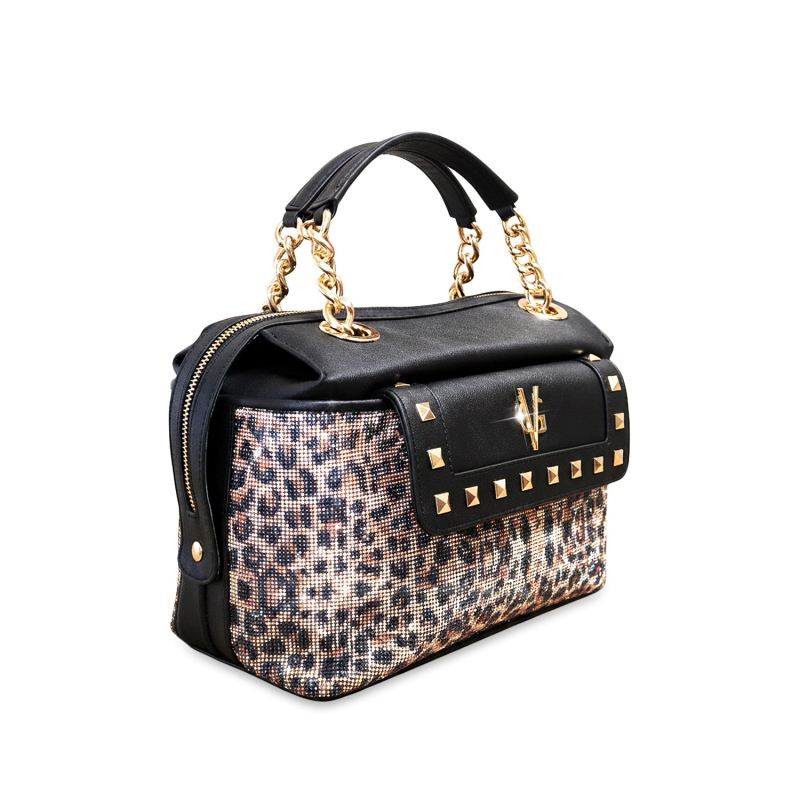 VG Madagascar collection - Bauletto saffiano nero & cristalli leopardati