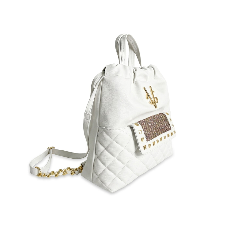 VG Zaino trapuntato bianco & tasca in cristalli