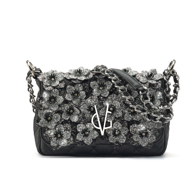 VG - Luxury Garden - borsa a spalla grande nera & fiori glitter con cristallo