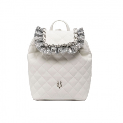 VG white quilted backpack and silver glitter ruches