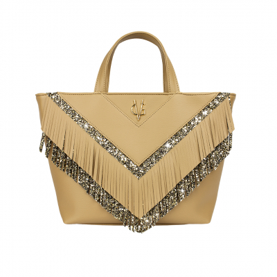 VG Small shopping bag camel & gold glitter mix fringes