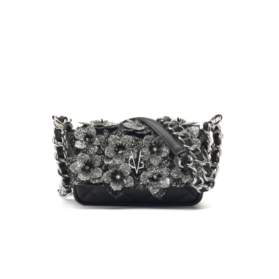 VG - Luxury Garden - small shoulder bag black & glitter flowers with crystal