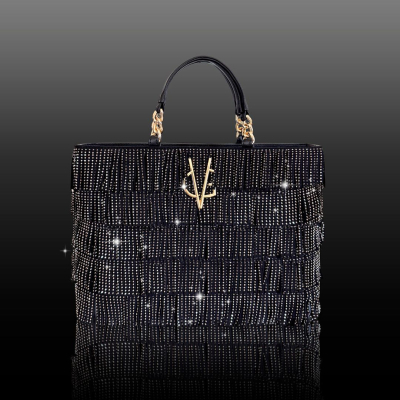 VG STARRY SKY - Borsa a mano grande nera e frange in cristalli